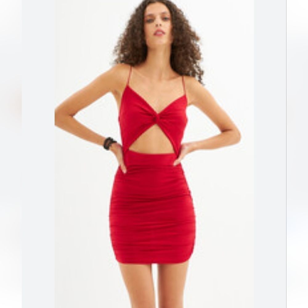 21 Saints Sexy Red Dress with Ruching and Cut Out Size M